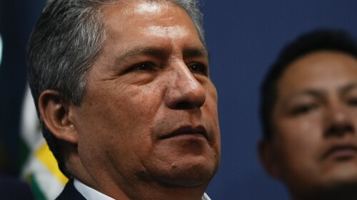 Bolivian Defense Minister Edmundo Novillo Aguilar gives a press conference in La Paz, Bolivia, Tuesday, July 25, 2023. (AP Photo/Juan Karita)