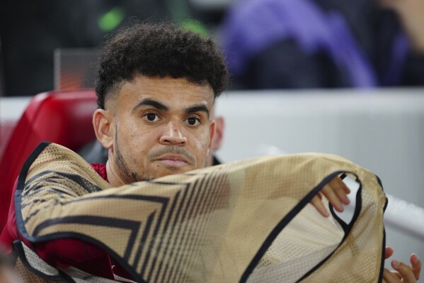 Liverpool's Luis Diaz ahead the Europa League Group E soccer match between Liverpool and Toulouse, at Anfield in Liverpool, England, Thursday, Oct. 26, 2023. (AP Photo/Jon Super)