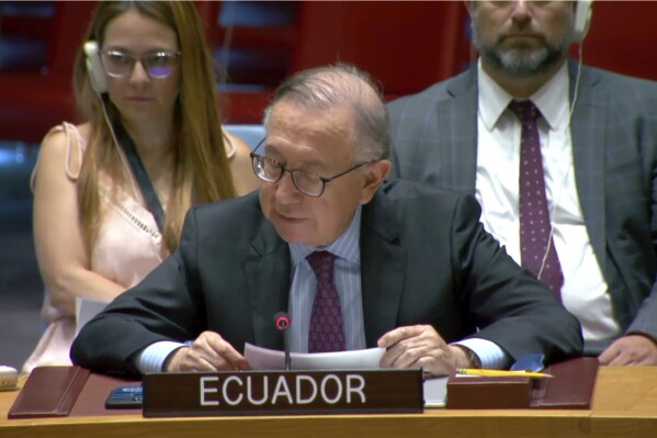 Ecuador's UN Ambassador Hernan Perez Loose addresses the UN Security Council, Friday, Sept. 8, 2023. (UNTV via AP)