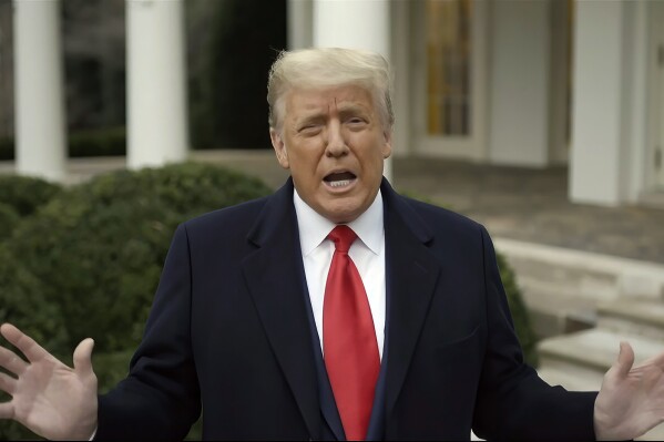 FILE - This exhibit from video released by the House Select Committee, shows President Donald Trump recording a video statement on the afternoon of Jan. 6, 2021, from the Rose Garden, displayed at a hearing by the House select committee investigating the Jan. 6 attack on the U.S. Capitol. (House Select Committee via AP, File)