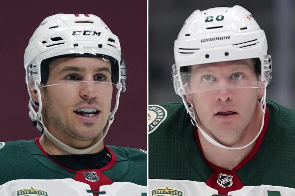 The NHL logo is seen on the uniform of a Minnesota Wild player