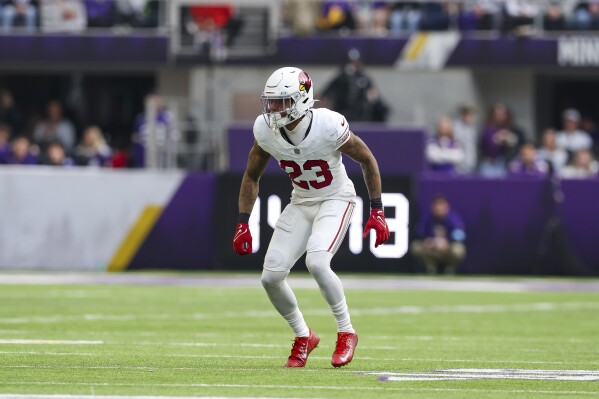 Arizona Cardinals cornerback Sean Murphy-Bunting (23) moves across the field during the first half of an NFL football game against the Minnesota Vikings, Dec. 1, 2024 in Minneapolis. (AP Photo/Stacy Bengs, file)