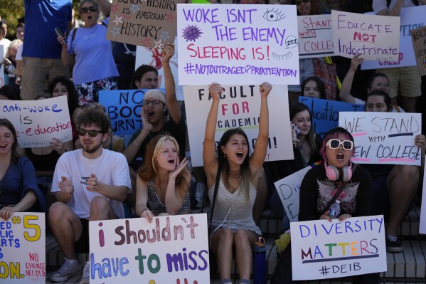 New College of Florida students and supporters protest ahead of a meeting by the college's board of trustees, Feb. 28, 2023, in Sarasota, Fla. The conservative-dominated board of trustees of Florida's public honors college was meeting to take up a measure making wholesale changes in the school's diversity, equity and inclusion programs and offices. (AP Photo/Rebecca Blackwell, File)