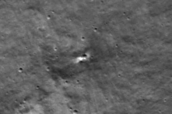 This image provided by NASA’s Goddard Space Flight Center/Arizona State University shows an LROC NAC image enlarged four times centered on the likely Luna 25 crater. A NASA spacecraft around the moon has found the likely crash site of Russia's lost lunar lander, Thursday, Aug. 31, 2023. The Luna 25 lander slammed into the moon last month, a harsh end to Russia's first moon mission in almost half a century. (NASA’s Goddard Space Flight Center/Arizona State University via AP)