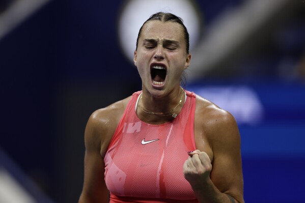 Aryna Sabalenka, of Belarus, shouts during her match against Daria Kasatkina, of Russia, in the fourth round of the U.S. Open tennis championships, Monday, Sept. 4, 2023, in New York. (AP Photo/Adam Hunger)