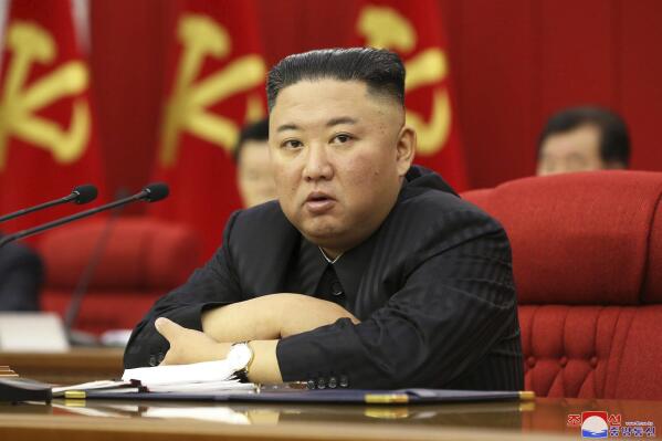 In this photo provided by the North Korean government, North Korean leader Kim Jong Un speaks during a Workers' Party meeting in Pyongyang, North Korea, Friday, June 18, 2021. Kim ordered his government to be prepared for both dialogue and confrontation with the Biden administration — but more for confrontation — state media reported Friday, days after the United States and others urged the North to abandon its nuclear program and return to talks. Independent journalists were not given access to cover the event depicted in this image distributed by the North Korean government. The content of this image is as provided and cannot be independently verified. (Korean Central News Agency/Korea News Service via AP)