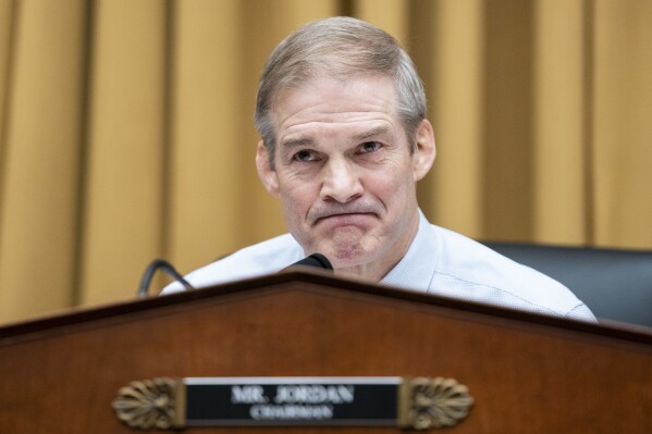 Rep. Jim Jordan, R-Ohio, chairman of the House Judiciary Committee, questions Special Counsel Robert Hur during a hearing of the House Judiciary Committee in the Rayburn Office Building on Capitol Hill in Washington, Tuesday, March 12, 2024. (AP Photo/Nathan Howard)