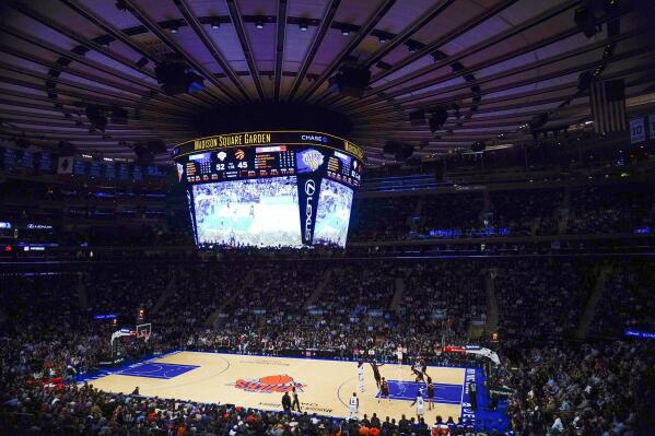 FILE - The Toronto Raptors play the New York Knicks during the first half of an NBA basketball game at Madison Square Garden Monday, Nov. 1, 2021, in New York. Madison Square Garden won't host the NIT semifinals and championship game the next two years, according to a person with direct knowledge of the decision — ending a college basketball tradition that dates to 1938. The person spoke to The Associated Press on condition of anonymity late Wednesday night, March 23, 2022, because no public announcement had been made. (AP Photo/Frank Franklin II)