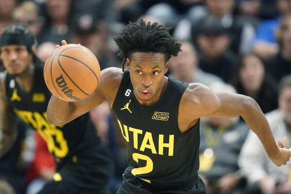 Utah Jazz guard Collin Sexton (2) brings the ball upcourt during the first half of an NBA basketball game against the Memphis Grizzlies, Monday, Oct. 31, 2022, in Salt Lake City. (AP Photo/Rick Bowmer)