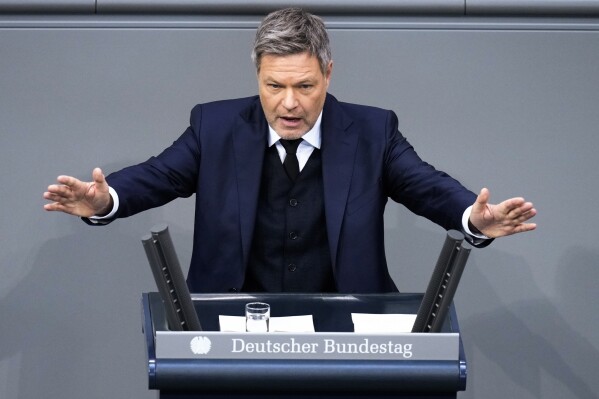 Germany's Vice Chancellor and Economy and Climate Minister Robert Habeck speaks during the last parliament session ahead of national elections at the Bundestag parliament in Berlin, Germany, Feb. 11, 2025. (AP Photo/Ebrahim Noroozi, File)