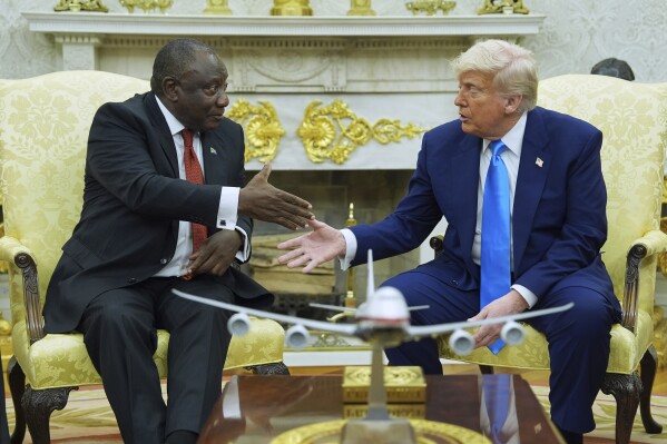 President Donald Trump meets South African President Cyril Ramaphosa in the Oval Office of the White House on Wednesday, May 21, 2025. (AP Photo/Evan Vucci)