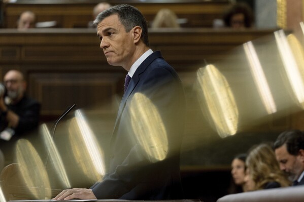 Spain's Prime Minister Pedro Sanchez speaks in the Spanish Parliament in Madrid, May 22, 2024. European Union countries Spain and Ireland as well as Norway announced Wednesday May 22, 2024 their recognition of a Palestinian state. Malta and Slovenia, which also belong to the 27-nation European Union, may follow suit amid international outrage over the civilian death toll and humanitarian crisis in the Gaza Strip following Israel's offensive. (Eduardo Parra/Europa Press via AP)