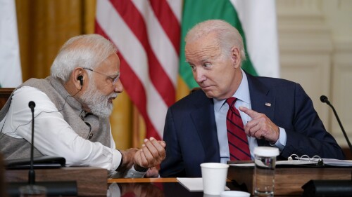 FILE - President Joe Biden speaks with India's Prime Minister Narendra Modi and American and Indian business leaders in the East Room of the White House, Friday, June 23, 2023, in Washington. On Friday, June 30, The Associated Press reported on a video clip being shared online that shows Biden talking about selling “state secrets” but omits when he made clear that he was joking. (AP Photo/Evan Vucci, File)