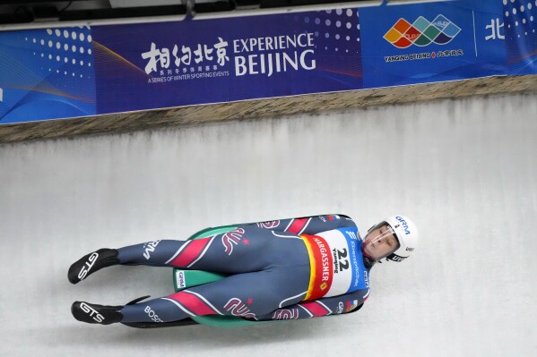 Viktoriia Demchenko of Russia competes during the women's race at the Luge World Cup, a test event for the 2022 Winter Olympics, at the Yanqing National Sliding Center in Beijing, Sunday, Nov. 21, 2021. (AP Photo/Mark Schiefelbein, file)