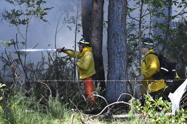 Members of the Hawaii Land and Natural Resources Wilderness Firefighting Team battle a fire in Kula, Maui, Tuesday, Aug. 8, 2023.  Several Hawaii communities were forced to evacuate as wildfires destroyed at least two homes as of Tuesday.  During the dry season, strong winds create dangerous fire conditions.  (AP via Matthew Thayer/The Maui News)