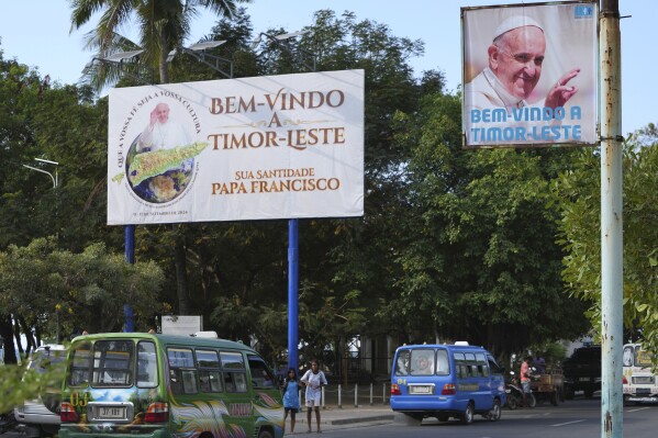 FILE - Billboards welcoming Pope Francis are seen in Dili, East Timor, Aug. 13, 2024. (AP Photo/Achmad Ibrahim, File)