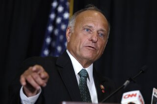 FILE - In this Aug. 23, 2019, file photo, Rep. Steve King, R-Iowa, speaks during a news conference in Des Moines, Iowa. King is on the outs with a significant bloc of his long-reliable conservative base, but not for almost two decades of incendiary utterances about abortion, immigrants and Islam. (AP Photo/Charlie Neibergall, File)