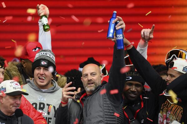 Quarterbacks coach Matt Nagy celebrates during the Kansas City Chiefs' victory party in Kansas City, Mo., Wednesday, Feb. 15, 2023. The Chiefs defeated the Philadelphia Eagles in the NFL Super Bowl 57 football game. (AP Photo/Reed Hoffmann)