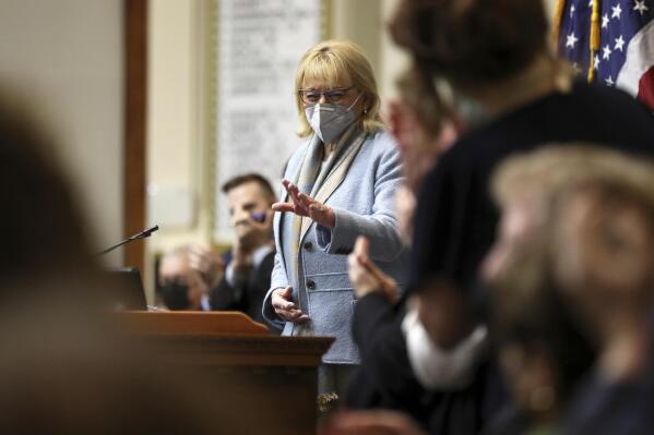 Maine Gov. Janet Mills greets the Legislature before delivering her State of the State Address from the Maine State House on Thursday, Feb. 10, 2022. (Ben McCanna/Portland Press Herald via AP)