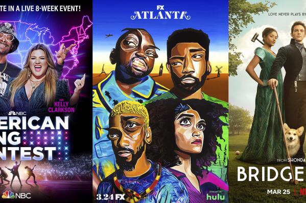 This combination of images shows promotional art for NBC’s competition series “American Song Contest,” premiering Monday, March 21, the series “Atlanta” premiering March 24 on FX and season two of "Bridgerton," premiering March 25 on Netflix. (NBC/FX/Netflix via AP)