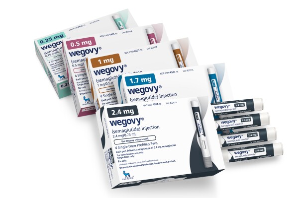 FILE - This image provided by Novo Nordisk in January 2023, shows packaging for the company's Wegovy medication. The popular weight-loss drug, which has helped millions of Americans shed pounds, can now be used to reduce the risk of stroke, heart attacks and other serious cardiovascular problems in patients who are overweight or who have obesity, the U.S. Food and Drug Administration said Friday, March 8, 2024. (Novo Nordisk via AP)