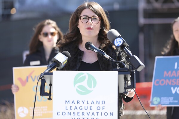 Maryland State Sen. Sarah Elfreth speaks at a news conference on Tuesday, March 12, 2024 in Annapolis, Md. Elfreth is running in the Democratic primary for Maryland's 3rd Congressional District. (AP Photo/Brian Witte)