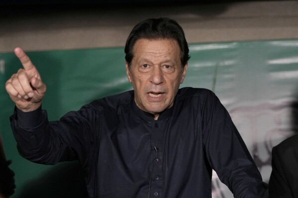  Pakistan's former Prime Minister Imran Khan speaks during a news conference at his home, in Lahore, Pakistan, Thursday, May 18, 2023.(AP Photo/K.M. Chaudary, File)