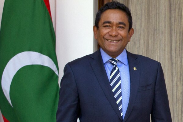 FILE - Then Maldives President Abdulla Yameen arrives for a delegation level meeting with Indian Prime Minister Narendra Modi, in New Delhi, India, on April 11, 2016. A court in the Maldives on Thursday, April 19, 2024, threw out former President Yameen's 11-year prison sentence on money laundering and bribery charges and ordered a retrial. (AP Photo/Manish Swarup, File)
