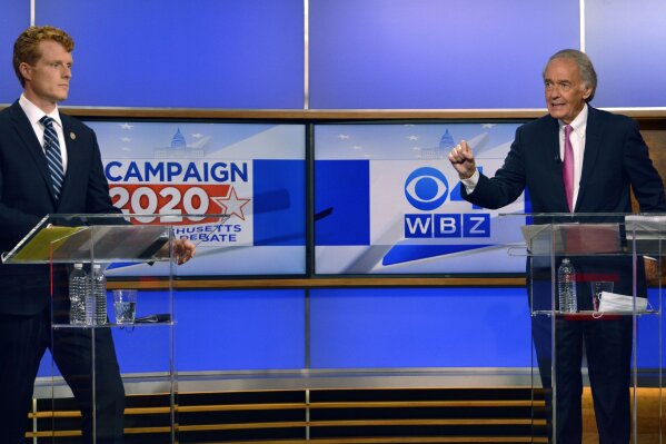 Rep. Joseph Kennedy III, left, D-Mass., and Sen. Ed Markey, D-Mass., debate Tuesday, Aug. 11, 2020, in Boston. The two are running for the Democratic nomination to U.S. Senate. (WBZ-TV via AP, Pool)
