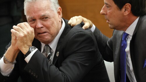 Former Marjory Stoneman Douglas High School School Resource Officer Scot Peterson reacts as he is found not guilty on all charges at the Broward County Courthouse in Fort Lauderdale, Fla., on Thursday, June 29, 2023. Peterson was acquitted of child neglect and other charges for failing to act during the Parkland school massacre, where 14 students and three staff members were murdered. (Amy Beth Bennett/South Florida Sun-Sentinel via AP, Pool)