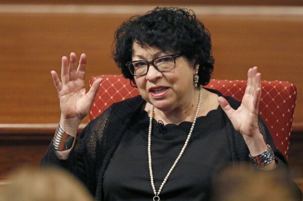 FILE - Supreme Court Justice Sonia Sotomayor, gestures as she speaks about her home life as a child and what drove her to a career in law and to author several books including an autobiography, "The Beloved World of Sonia Sotomayor," Aug. 17, 2019, at the Mississippi Book Festival in Jackson, Miss. (AP Photo/Rogelio V. Solis, File)