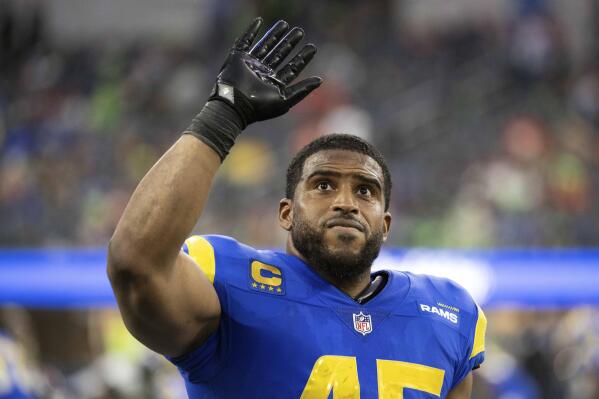 FILE -Los Angeles Rams linebacker Bobby Wagner (45) waves towards the stands during an NFL football game against the Denver Broncos, Sunday, Dec. 25, 2022, in Inglewood, Calif. Bobby Wagner is headed back to the Seattle Seahawks after agreeing to a one-year deal Saturday, March 25, 2023 to rejoin the team with which he became one of the top linebackers in the NFL, according to a person with knowledge of the deal. (AP Photo/Kyusung Gong, File)