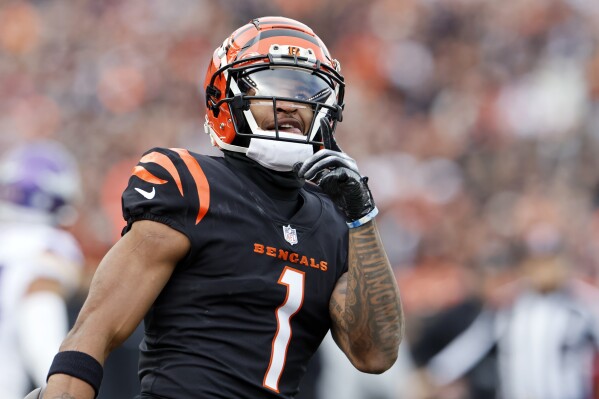 Cincinnati Bengals wide receiver Ja'Marr Chase (1) reacts after making a catch during the first half of an NFL football game against the Minnesota Vikings, Saturday, Dec. 16, 2023, in Cincinnati. (AP Photo/Jay LaPrete)