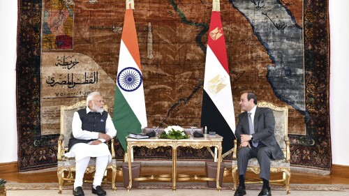 Egyptian President Abdel-Fattah el-Sissi, right, meets with India Prime Minister Narendra Modi in Cairo, Egypt, Sunday, June 25, 2023. (Egyptian Presidency Media Office via AP)