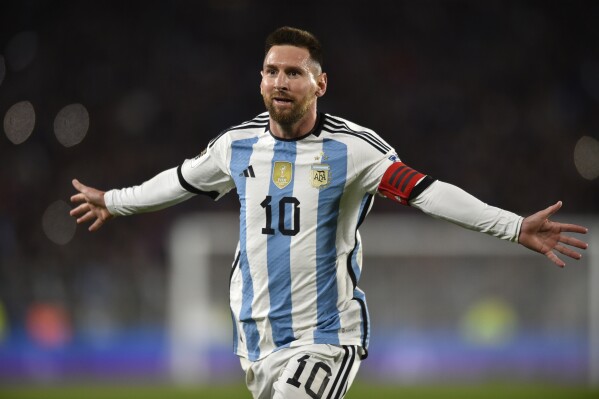 Argentina's Lionel Messi, celebrates scoring his side's first goal against Ecuador during a qualifying soccer match for the FIFA World Cup 2026, at Monumental stadium in Buenos Aires, Argentina, Thursday, Sept. 7, 2023. (AP Photo/Gustavo Garello)