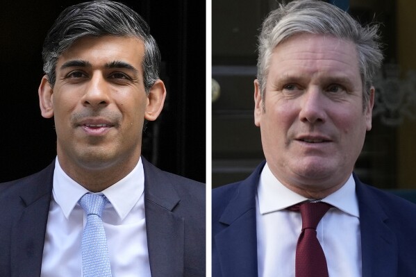 FILE - This combo image shows Britain's Prime Minister Rishi Sunak in London, Wednesday, May 15, 2024, left, and Leader of the opposition Labour party and Keir Starmer, right, in London, Monday, Oct. 31, 2022. (AP Photo)