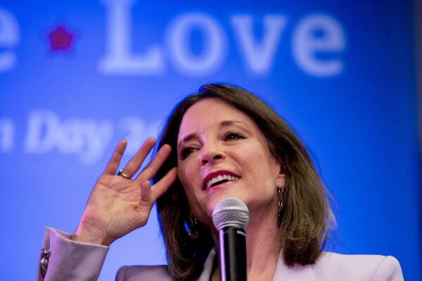 Democratic presidential candidate Marianne Williamson speaks at a the Faith, Politics and the Common Good Forum at Franklin Jr. High School, Thursday, Jan. 9, 2020, in Des Moines, Iowa. (AP Photo/Andrew Harnik)