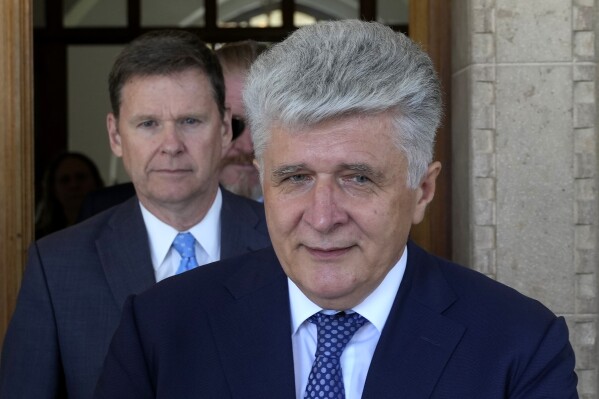 U.N. Assistant Secretary-General for Europe, Central Asia and the Americas Miroslav Jenca leaves the presidential palace after holding talks with Cyprus President Nikos Christodoulides in divided capital Nicosia, Cyprus, on Monday, Aug. 28, 2023. Jenca said U.N. Chief Antonio Guterres will use 