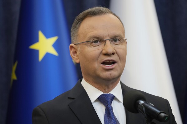 FILE - Poland's President Andrzej Duda gives a statement to the media in Warsaw, Poland, on Jan. 10, 2024, after the arrest of two politicians convicted of abuse of power who had taken refuge for hours in the presidential palace. Duda on Friday March 29, 2024 vetoed a law that would have allowed over-the-counter access to the morning-after pill for girls and women ages 15 and above, his office said. Duda said he was concerned about the health of minors and heeding the voices of parents. (AP Photo/Czarek Sokolowski, File)