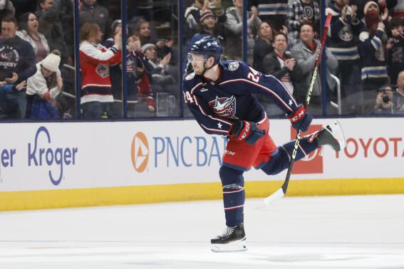 Columbus Blue Jackets' Mathieu Olivier celebrates after his goal against the Montreal Canadiens during the third period of an NHL hockey game Thursday, Nov. 17, 2022, in Columbus, Ohio. (AP Photo/Jay LaPrete)