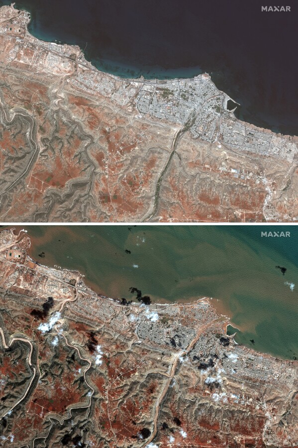 This combination of satellite images from Maxar Technologies shows a port area of Derna, Libya, on July 1, 2023, top, and the same flood damaged area on Wednesday, Sept. 13, 2023. (Satellite image ©2023 Maxar Technologies via AP)