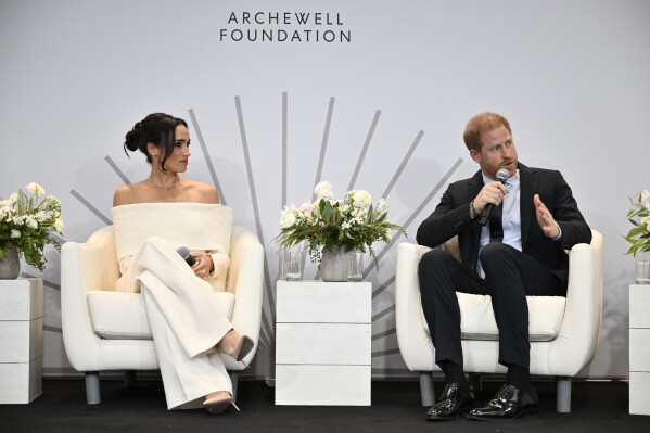 Meghan, Duchess of Sussex, left, and Britain's Prince Harry, The Duke of Sussex, participate in The Archewell Foundation Parents' Summit "Mental Wellness in the Digital Age" as part of Project Healthy Minds' World Mental Health Day Festival on Tuesday, Oct. 10, 2023, in New York. (Photo by Evan Agostini/Invision/AP)