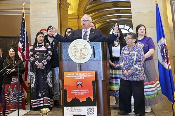 This image provided by MinnPost shows Minnesota Gov. Tim Walz speaking to the crowd about the Clyde Bellecourt Urban Indigenous Initiative inside the Minnesota State Capitol Rotunda in March. (Ava Kian/MinnPost via AP)