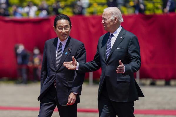 President Joe Biden, right, meets with Japanese Prime Minister Fumio Kishida at Akasaka Palace, Monday, May 23, 2022, in Tokyo. (AP Photo/Evan Vucci)