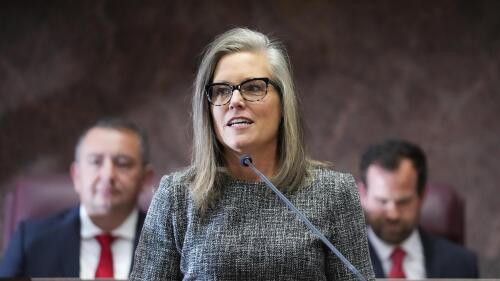 FILE - Democratic Arizona Governor Katie Hobbs delivers her State of the Union Address at the Arizona State Capitol in Phoenix on January 9, 2023.  On Wednesday, May 10, the Arizona legislature approved the  billion budget negotiated by Governor Hobbes and the governor. Republican legislative leader. Democratic lawmakers criticized the bill for failing to limit the expansion of the school-voucher program, which they say is a waste of state budget.  (AP Photo/Ross D. Franklin, File)