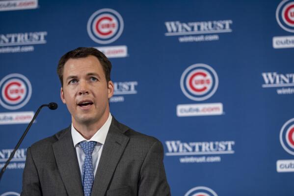 New Chicago Cubs general manager Carter Hawkins speaks after being introduced Monday, Oct. 18, 2021, outside Wrigley Field in Chicago. (Brian Cassella/Chicago Tribune)