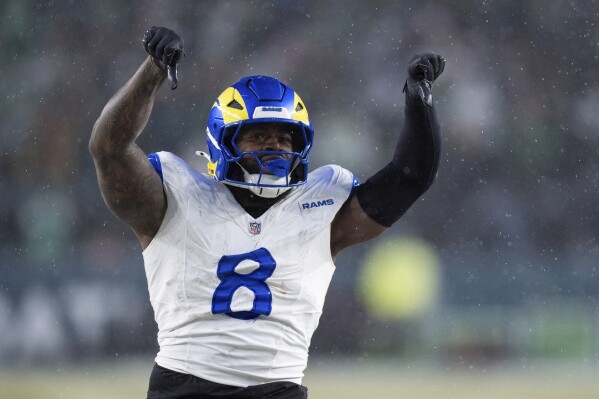 Los Angeles Rams linebacker Jared Verse (8) reacts during the NFL divisional playoff football game against the Philadelphia Eagles, Sunday, Jan. 19, 2025, in Philadelphia. (AP Photo/Chris Szagola, File)