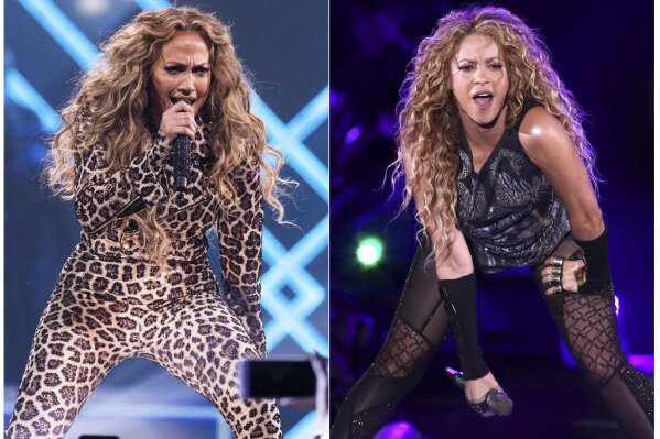 This combination photo shows actress-singer Jennifer Lopez performing at the Directv Super Saturday Night in Minneapolis on Feb. 3, 2018, left, and Shakira performing at Madison Square Garden in New York on Aug. 10, 2018. The NFL, Pepsi and Roc Nation announced Thursday, Sept. 26, 2019, that Lopez and Shakira will perform at the 2020 Pepsi Super Bowl Halftime Show on Feb. 2, 2020 at Hard Rock Stadium in Miami Gardens, Fla. (Photo by Michael Zorn, left, Greg Allen/Invision/AP)