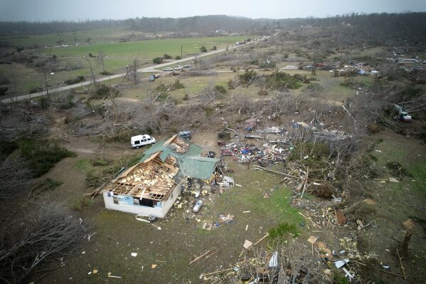 Destruction from a severe storm is seen Saturday, March 15, 2025, in Wayne County, Mo. (AP Photo/Jeff Roberson)