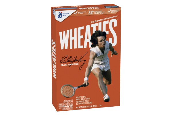 This handout provided by General Mills shows a Wheaties box featuring Billie Jean King. Billie Jean King is a 39-time Grand Slam champion and an equal rights champion — and now she's getting the Breakfast of Champions treatment. The twice-inducted tennis Hall of Famer will appear on a limited-edition box of Wheaties. The cereal maker announced Thursday, May 2, 2024, that the orange packages with King on the cover will be available at stores around the U.S. later this month. (General Mills via AP)